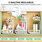 Organizator Multifunctional Elindor® pe 2 Nivele, 2x Sertar Glisant, Montat pe Blat sau in Dulap sub Chiuveta, Suport Metalic Organizare, pentru Bucatarie, Baie, Camara, Bar, Raft cu Sertare Depozitare Legume, Detergenti, Parfumuri, 40.×30×43 cm, Alb