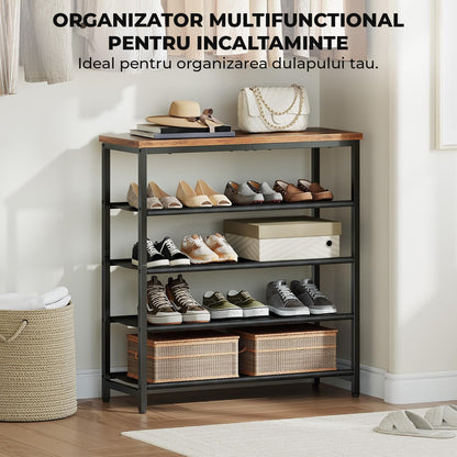 Organizator pentru Pantofi Elindor® Pantofar cu 5 Nivele Mari, Fara Gauri, Suport Metalic si MDF pentru Papuci, Dulap Hol, Dormitor, Economisire Spatiu, Depozitare Incaltaminte, 75 x 30 x 90 cm, Negru/Maro