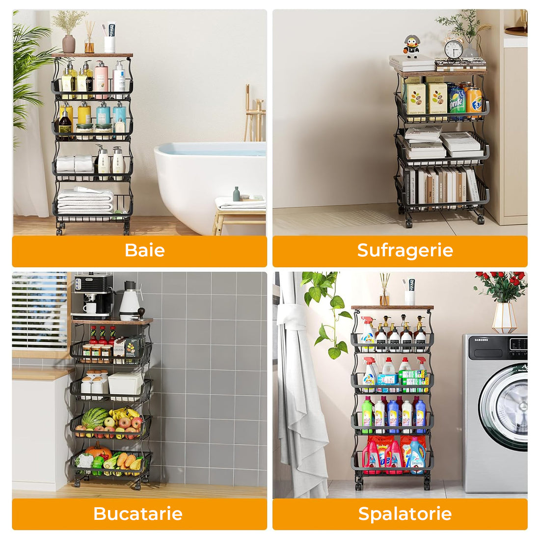 Organizator Bucatarie 5 Nivele Elindor® tip Carucior cu Roti, Ajustabil, Multifunctional, Raft Mobil Organizare Baie, Camara, Birou, Bar, Dulap Metalic pentru Depozitare Legume, Fructe, Detergenti, Parfumuri, 4x Cutie Detasabila, 41 x 29 x 94 cm, Negru