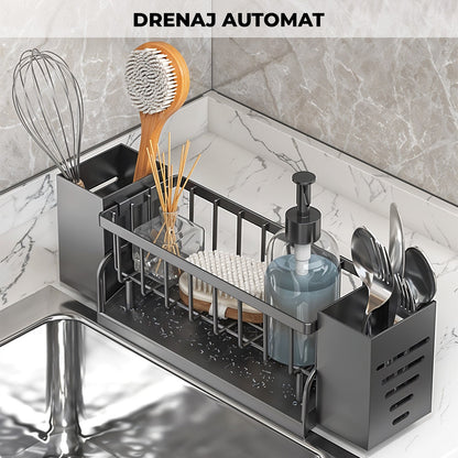 Scurgere Tacamuri cu Scurgere Automata Elindor®, Suport pentru Chiuveta, Bureti, Perii, Lavete, Detergent, Sticle, Cutii Inox, Cu Suport Prosop, Montaj Pe Blat Sau Perete, Metal Durabil 30,5×9×11 cm, Negru