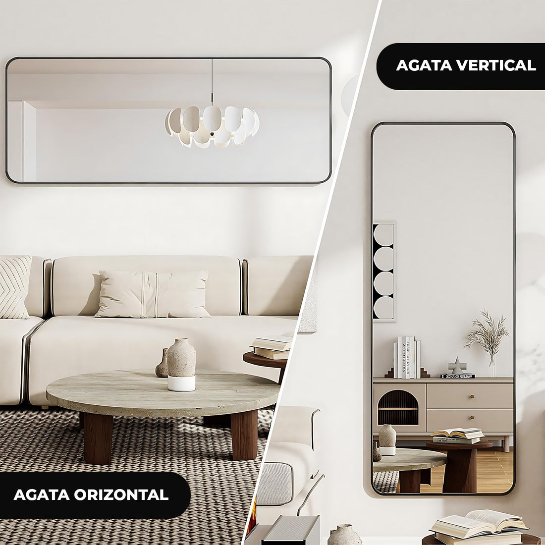 Oglinda Neagra Dreptunghiulara Decorativa Elindor® cu Rama din Aluminiu, 165x60 cm, cu Suport de Podea sau Sistem Prindere pe Perete, Ideala pentru Dormitor, Living sau Hol