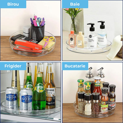 Organizator Rotativ 360° Elindor®, Acrilic 23 cm, 1 Nivel, Pentru Condimente, Cafea, Ceai, Borcane, Sticle, Produse Cosmetice, Accesorii Baie, Mirodenii, Dulapuri, Sertare, Bucatarie, Baie, Birou, Suprafata Antiaderenta, Transparent