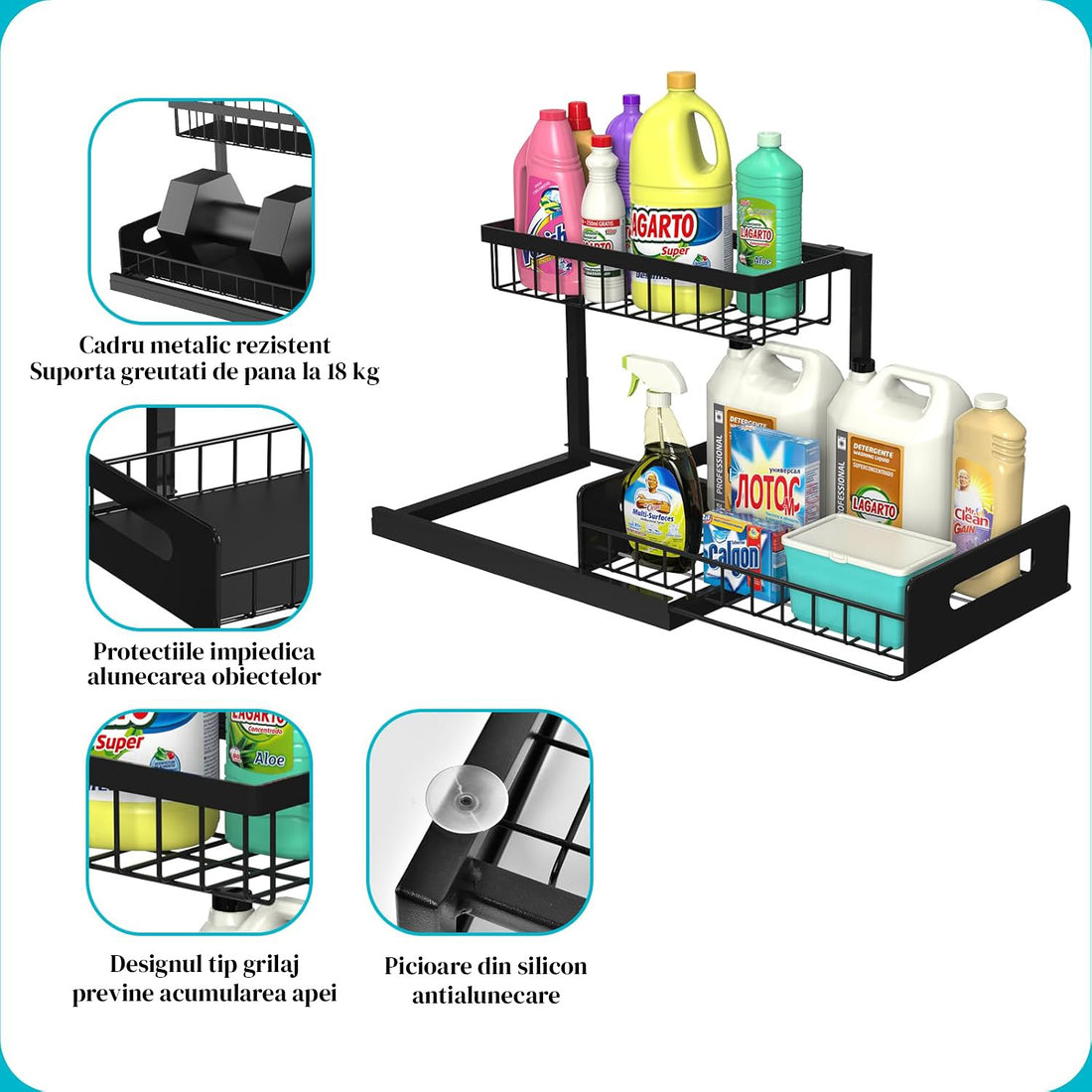 Organizator Multifunctional Elindor® 2 Nivele, pe Blat / in Dulap sub Chiuveta, Sertar Glisant, Suport Metalic Organizare, Ideal pentru Bucatarie, Baie, Camara, Bar, Raft cu Sertare Depozitare Legume, Fructe, Detergenti, Parfumuri, 36.2 x 27 x 28.5, Negru