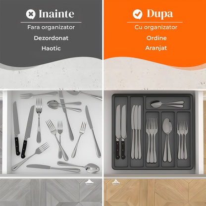 Organizator pentru Tacamuri Negru Elindor® Ustensile de Bucatarie, 6 Compartimente Depozitare, Suport pentru Cutite, Linguri, Furculite, Accesorii Bucatarie, Separator Sertar, 33x30x5.3 cm, PP fara BPA