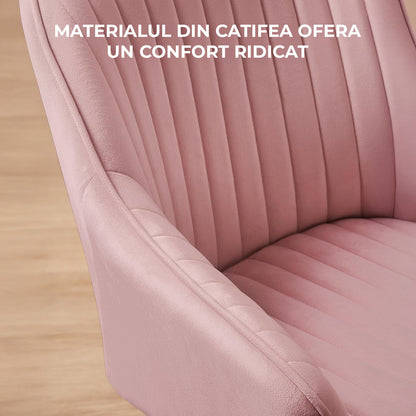 Set 2 Scaune Elindor® Ergonomice, Design Contemporan, Scaun cu Spatar si cu Manere, din Catifea cu Picioare Metalice Aurii, Potrivite pentru Living, Bucatarie, Birou, Dormitor, Latime Sezut 49 cm, 55.5 x 43 x 83 cm, Roz