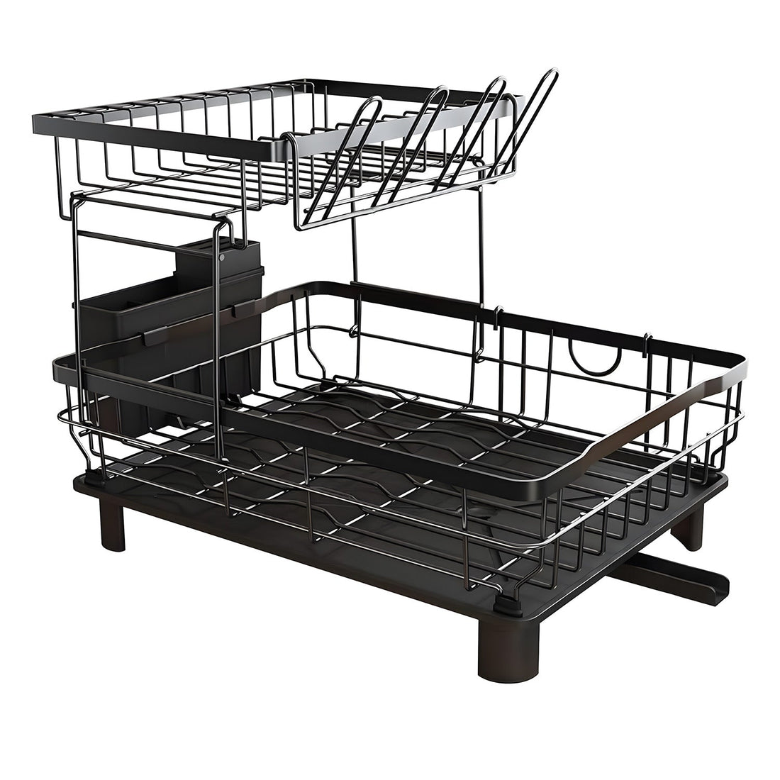 Scurgator Vase Etajat Elindor®,  Suport Uscat Vesela Pentru Chiuveta, Uscator Ideal pentru Farfurii, Tacamuri, Capace, Tigai, Pahare, Tava din Plastic cu Scurgere Automata, Organizator Metalic Bucatarie Multifunctional, 43.5 x 33 x 11 cm, Negru