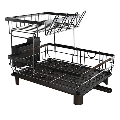 Scurgator Vase Etajat Elindor®,  Suport Uscat Vesela Pentru Chiuveta, Uscator Ideal pentru Farfurii, Tacamuri, Capace, Tigai, Pahare, Tava din Plastic cu Scurgere Automata, Organizator Metalic Bucatarie Multifunctional, 43.5 x 33 x 11 cm, Negru