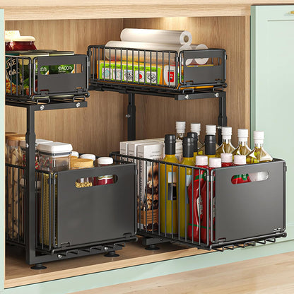 Organizator Elindor® cu 2 Nivele, Recipient de Depozitare Multifunctional si Glisant, Organizator pentru Dulapul de sub Chiuveta din Baie si Bucatarie, 38 × 26.5 × 41–48.5 cm, Negru