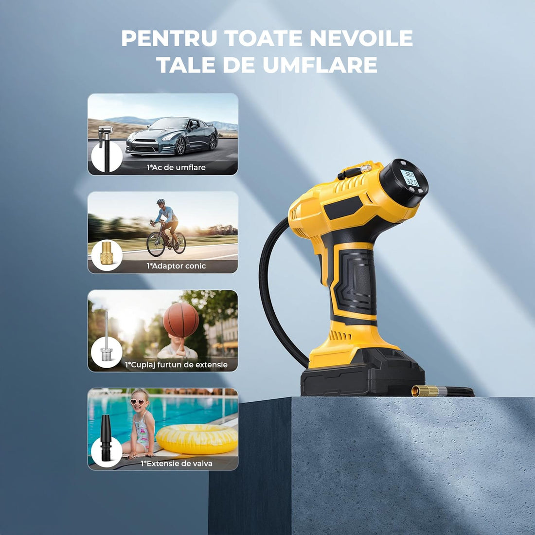 Compresor Auto Portabil Elindor® 160 PSI, Alimentare Dubla AC/DC, Galben