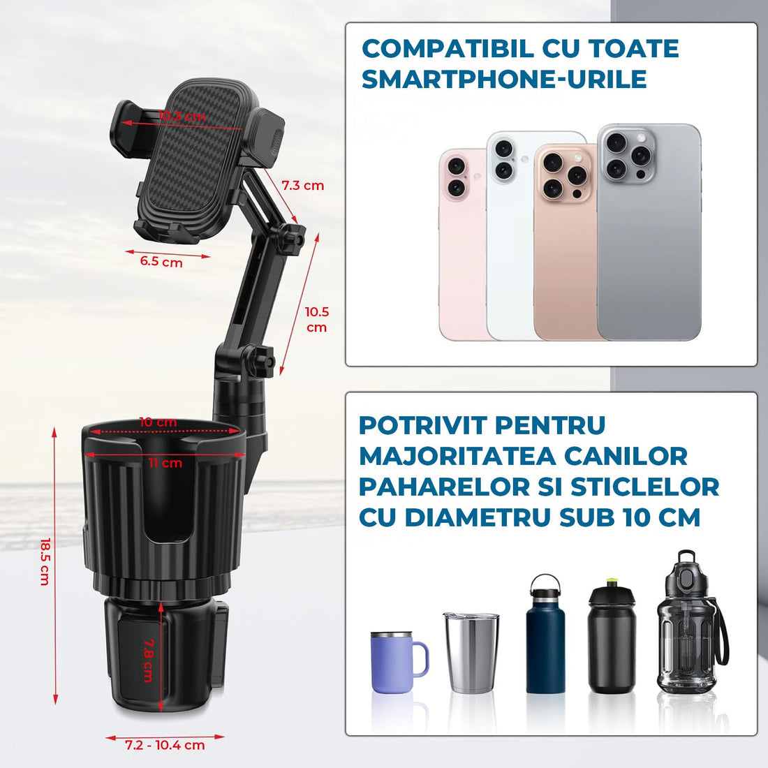 Suport Auto Elindor® 2 in 1pentru Telefon si Pahar, Baza Reglabila si Brat 360°, Prindere in Cupholder, Accesorii Masina, Negru