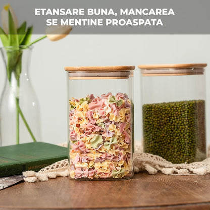 Set 6 Borcane Elindor® Depozitare Sticla, Capacitate 1Litru, Capace Bambus, Etanse, pentru Bucatarie