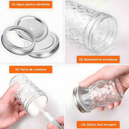 Set 6 Borcane din Sticla Elindor® cu Capac Ermetic, Borcan 240 ml Ideal pentru Miere, Dulceata, Condimente, Cafea, Zahar si pentru Fermentare Muraturi, Capace Metalice, Recipient Depozitare in Bucatarie, Transparent