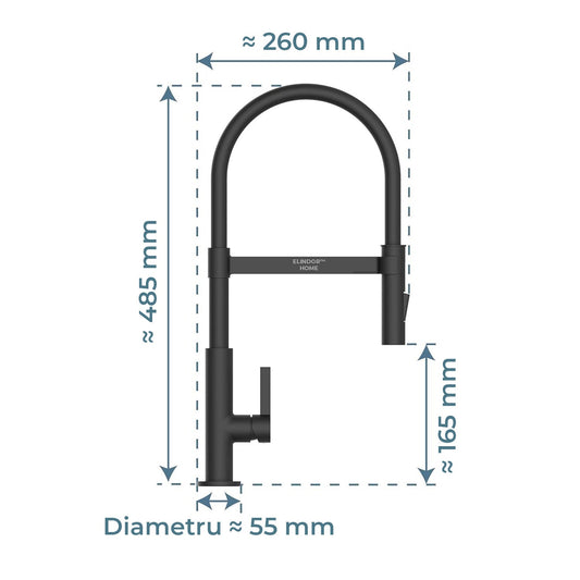 Baterie Chiuveta Bucatarie Neagra Elindor®, Robinet de Apa, Modern cu Pipa Inalta, Cap Dus Extensibil si Magnetic, cu Doua Functii, Jet Reglabil, Monocomanda, Rotativ 360°, Incastrata, Alama, Finisaj Mat