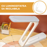 Lampa de Birou Elindor® Alba cu LED Integrat, Incarcare USB si cu Acumulator, 3 Moduri Lumina Camera Rece/Cald, Comanda prin Buton, Veioza Pliabila cu Brat Reglabil, Compacta si Portabila, pentru Birou, Dormitor, Hol, Living, 21 × 42 × 5 cm