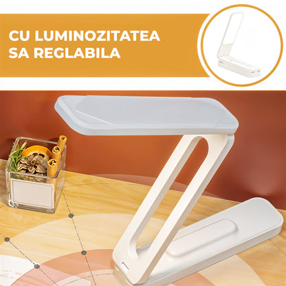 Lampa de Birou Elindor® Alba cu LED Integrat, Incarcare USB si cu Acumulator, 3 Moduri Lumina Camera Rece/Cald, Comanda prin Buton, Veioza Pliabila cu Brat Reglabil, Compacta si Portabila, pentru Birou, Dormitor, Hol, Living, 21 × 42 × 5 cm