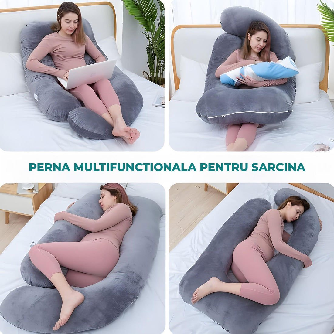 Perna Gravide si Alaptare Elindor®, Multifunctionala, Forma de U, Husa din Bumbac Satinat Detajabila, Lavabila, Suport Burta, Picioare, Cap, Gat, Spate, Ideala Pentru Formit Lateral, 3 kg, 79 x 152  cm, Gri