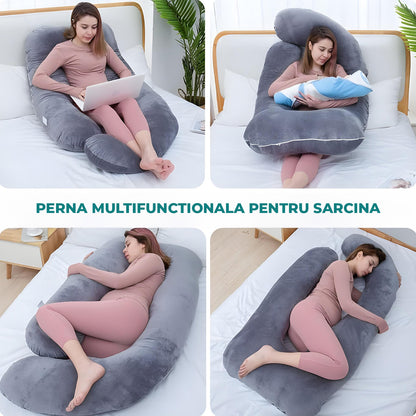Perna Gravide si Alaptare Elindor®, Multifunctionala, Forma de U, Husa din Bumbac Satinat Detajabila, Lavabila, Suport Burta, Picioare, Cap, Gat, Spate, Ideala Pentru Formit Lateral, 3 kg, 79 x 152  cm, Gri