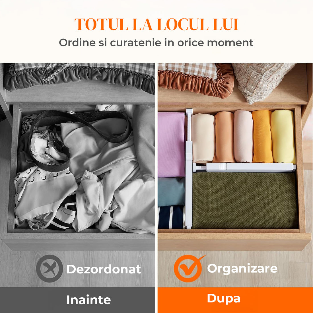 Set 5 Separatoare Extensibile Elindor® din Plastic pentru Sertar, Organizare Bucatarie, Birou, Dormitor, Baie, Organizatoare si Separatoare Sertare, Organizator Spatii Depozitare, Ajustabil si Extensibil de la 28 cm la 48 cm, Transparent