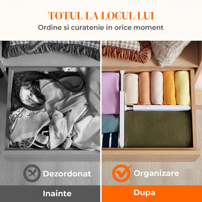 Set 5 Separatoare Extensibile Elindor® din Plastic pentru Sertar, Organizare Bucatarie, Birou, Dormitor, Baie, Organizatoare si Separatoare Sertare, Organizator Spatii Depozitare, Ajustabil si Extensibil de la 28 cm la 48 cm, Transparent