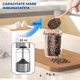 Set 2 Rasnite Electrice Elindor® Rasnita Electrica Led pentru Sare si Piper, Solnita si Pipernita din Sticla, Recipient Condimente cu Senzor Gravitational, Reglare Grosime Macinare, Operare cu o Mana, pentru Bucatarie, 135 ml, 20 x 6.3 cm, Transparent / N