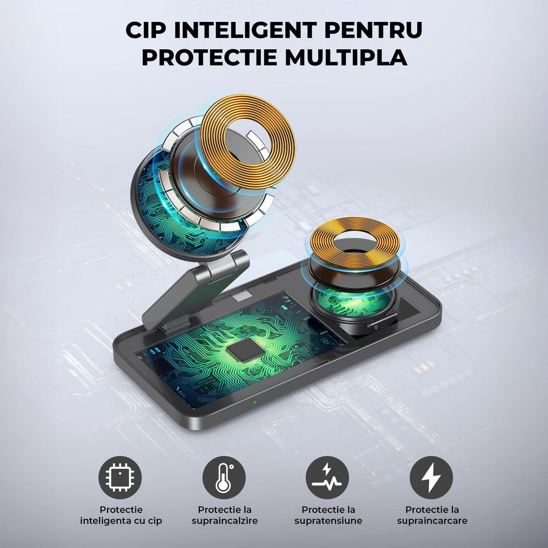 Incarcator Wireless 3 in 1 Portabil Magsafe Elindor®, 15W Qi Fast Charger, Stand Magnetic Pliabil de Birou, Charging Station pentru Apple Watch, AirPods, Telefon Compatibil iPhone, Incarcatoare fara Fir, Statie de Incarcare, Negru