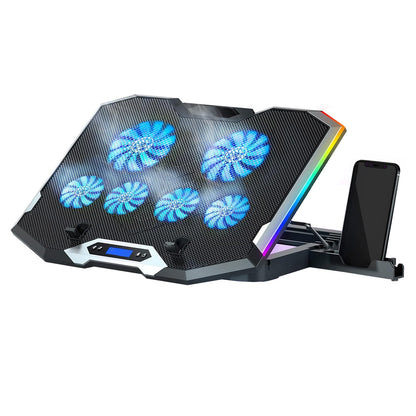 Cooler Laptop Gaming RGB Elindor® Suport cu Unghi Reglabil pe 5 Niveluri, Dimensiuni Compatabile 15-17.3 Inch, 6 Ventilatoare Puternice si Silentioase 30dB cu Viteza Ajustabila, 2 Porturi USB, Suport Telefon, Ecran LCD, pentru Birou, Calatorii, Negru