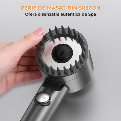 Para Dus cu Filtru 15 Straturi Elindor® Elimina Clor, Metale Grele, Impuritati, 4 Tipuri Jet, Perie Masaj Silicon, Furtun 1,5 m, Instalare Rapida, Pachet Complet cu Garnituri si Banda Etansare, Gri