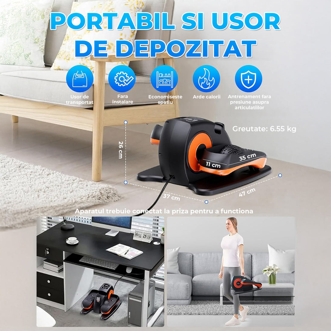 Mini Stepper Portabil Elindor® Aparat Eliptic, Mecanic, Viteza Reglabila, Ecran LCD, Masurare Viteza, Distanta, Timp, Calorii, Telecomanda Inclusa pentru Control fara Aplecare, Silentios 15 dB, pentru Persoanele Varstnice si Sedentare, 47 x 37 26 cm, Negr