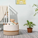 Cos de Rufe Elindor® Ideal pentru Haine Murdare, Jucarii, Diverse Obiecte, Recipient Sortare Rotund de 65 L, pentru Casa, Baie, Living, Hol, Camera Copiilor sau Hotel, 50×50×33 cm., Impletit din Franghie din Bumbac, Alb / Maro