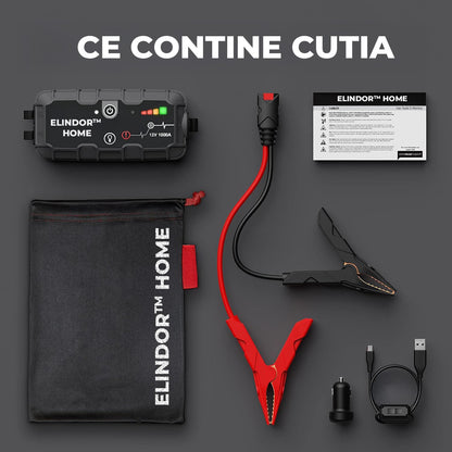 Starter Auto Elindor® 12V, 1000A, Multifuncțional, Portabil cu Lanternă, Negru