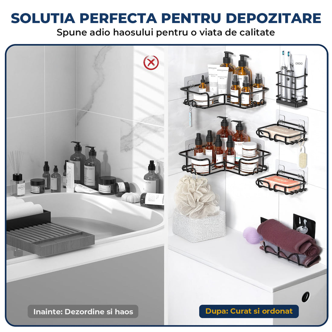 Set 5 Rafturi de Dus Elindor® Polita cu Adeziv, Etajera de Baie pentru Colt, Raft cu Carlige, din Otel Carbon, Suport Prosop si Sapun, Organizator Baie sau Etajere Depozitare in Bucatarie, Accesorii Sanitare, Negru