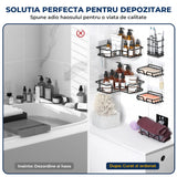 Set 5 Rafturi de Dus Elindor® Polita cu Adeziv, Etajera de Baie pentru Colt, Raft cu Carlige, din Otel Carbon, Suport Prosop si Sapun, Organizator Baie sau Etajere Depozitare in Bucatarie, Accesorii Sanitare, Negru