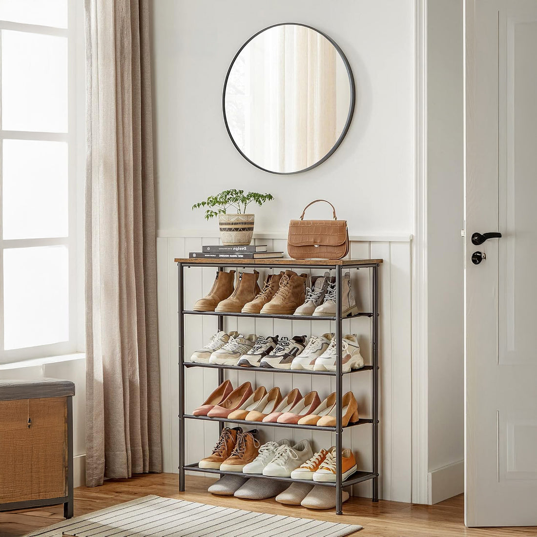 Organizator pentru Pantofi Elindor® Pantofar cu 5 Nivele Mari, Fara Gauri, Suport Metalic pentru Papuci, Dulap Hol, Dormitor, Economisire Spatiu, Depozitare Incaltaminte, 75 x 30 x 91 cm, Negru/Maro