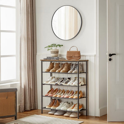 Organizator pentru Pantofi Elindor® Pantofar cu 5 Nivele Mari, Fara Gauri, Suport Metalic pentru Papuci, Dulap Hol, Dormitor, Economisire Spatiu, Depozitare Incaltaminte, 75 x 30 x 91 cm, Negru/Maro