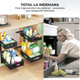 Organizator cu Sertare Glisante Elindor® pe 2 Nivele pentru Dulap, sub Chiuveta, Raft cu Sertar pentru Camara, Organizare Bucatarie, Baie si Birou, Sistem Glisant si Antialunecare, Accesorii Depozitare, Multifunctional, Organizatoare pentru Casa, Negru