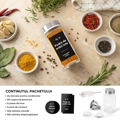 Set 24 Recipiente Condimente Elindor® din Sticla cu Capac din Inox, cu Sita, Organizator Bucatarie, Organizatoare Sertar, Borcane 120 ml, 2 Tipuri de Etichete si Palnie Metalica Accesorii Depozitare, Transparent