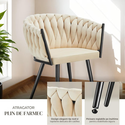 Set 2 Scaune Elindor® Ergonomice, Tip Scoica, Design Contemporan, Scaun cu Spatar si cu Manere, din Catifea cu Picioare Metalice Aurii, Potrivite pentru Living, Bucatarie, Birou, Dormitor, Latime Sezut 44 cm, 71 x 50 x 45 cm, Bej