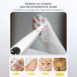 Masina de Tuns Elindor®, pentru Animale de Companie, Caini si Pisici, Lama din Otel Inoxidabil, Acumulator 1200mAh, 6500 RPM, Silentios, Aparat fara Fir cu Lumina LED, Perie Trimmer Ideala pentru Labute, Urechi, Fata si Ochi, Alb
