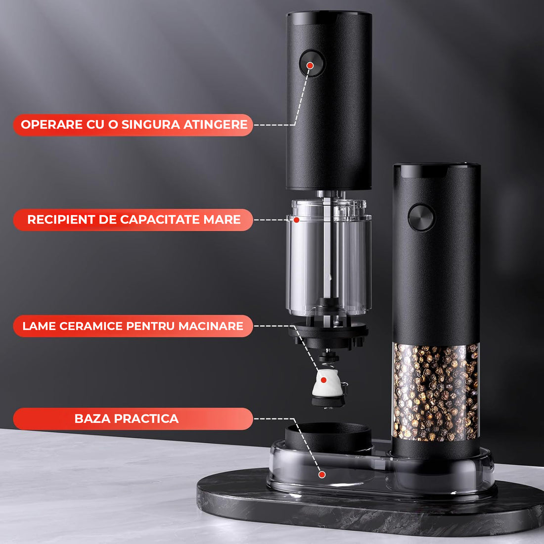 Set 2 Rasnite Electrice Elindor® Rasnita Electrica Led pentru Sare si Piper, Solnita si Pipernita din Sticla, Recipient Condimente cu Senzor Gravitational, Reglare Grosime Macinare x5, Operare cu o Mana, pentru Bucatarie, 16x7.5 cm, Transparent / Negru