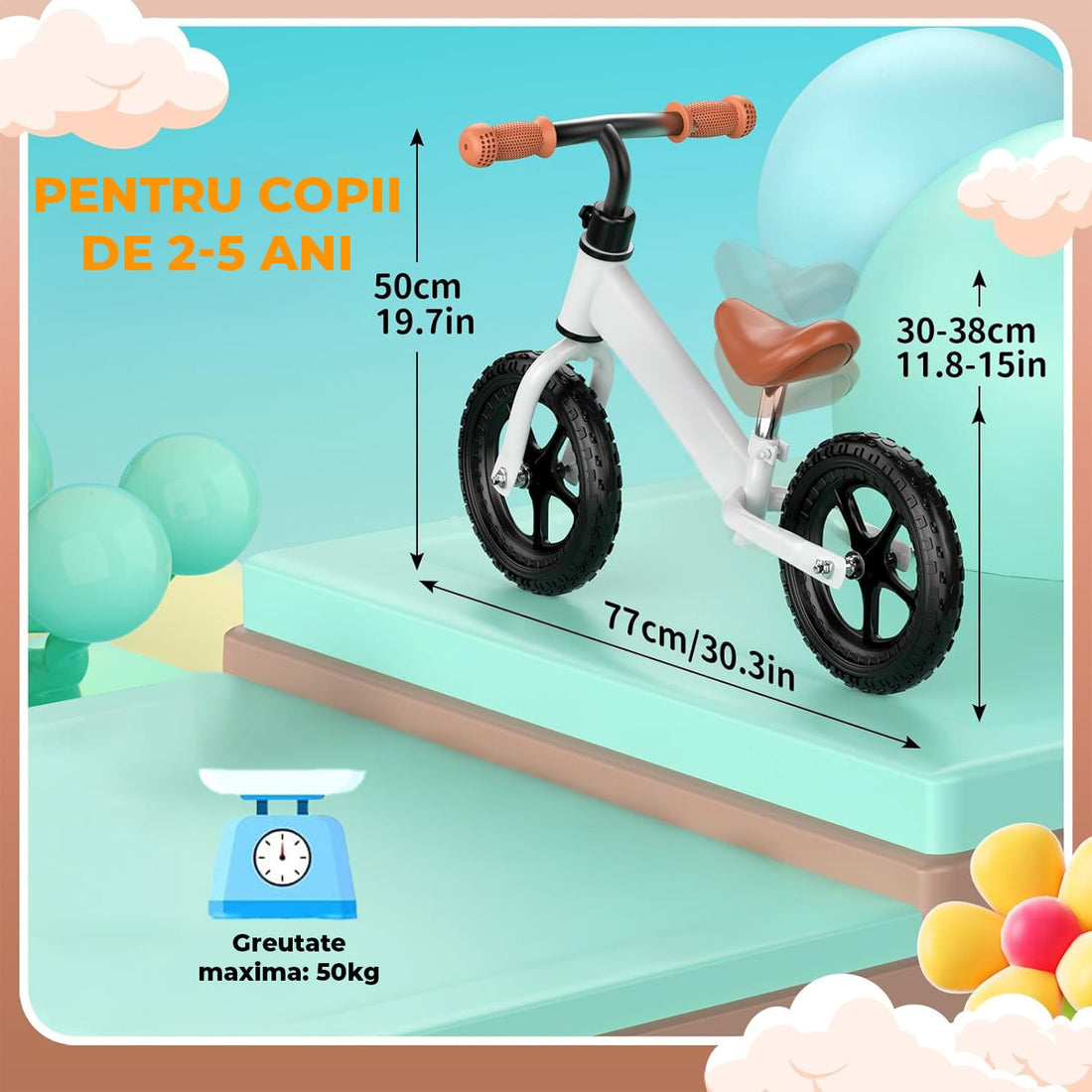 Bicicleta Fara Pedale Elindor®, Scaun Reglabil si Confortabil, Usoara, Alb