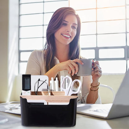 Cutie de Depozitare Elindor® din Bambus, cu 5 Compartimente Detasabile, Organizator de Birou, Potrivit si pentru Baie, Living, Bucatarie, pentru Creioane, Hartii, Rechizite, Pixuri, Suport Multufunctional, 18 x 14.8 x 10 cm, Negru