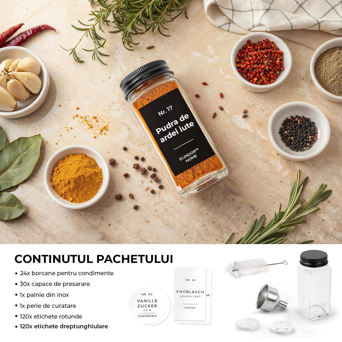 Set 24 Recipiente Condimente Elindor® din Sticla cu Capac Metalic Negru, cu Sita, Organizator Bucatarie, Organizatoare Sertar, Borcane 120 ml, 2 Tipuri de Etichete, Palnie Metalica, Transparent