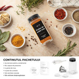 Set 24 Recipiente Condimente Elindor® din Sticla cu Capac Metalic Negru, cu Sita, Organizator Bucatarie, Organizatoare Sertar, Borcane 120 ml, 2 Tipuri de Etichete, Palnie Metalica, Transparent