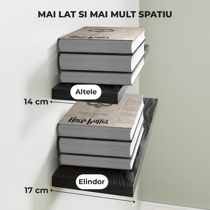 Set 3 Rafturi Elindor® Negre, Raft Suspendat de Depozitare, Mobila Bucatarie, Dormitor, Baie sau Birou, Etajera Practica cu Design Aerisit, Usor de Asamblat, Perfecta pentru Organizare Carti, Vesela, Condimente, Polita Produse Diverse, 40 x 17 x 1.5 cm