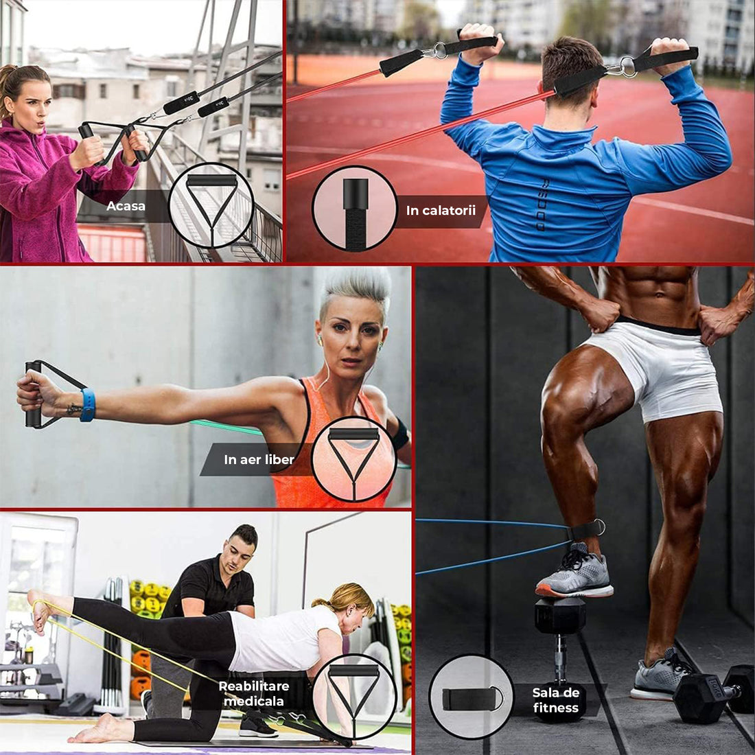 Benzi Elastice pentru Sport Elindor® cu 2 Manere si Ancora pentru Usa, Rezistenta Totala 68 kg, pentru Fitness, Workout, Yoga, Gimnastica de Recuperare, Exercitii Fizice, Aerobic, Pilates, TPE, 222 x 2 cm, Multicolor
