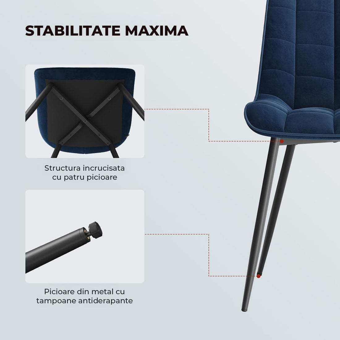 Set 2 Scaune Elindor® Ergonomice, Design Contemporan, Scaun cu Spatar si fara Manere, din Catifea cu Picioare Metalice Negre, Potrivite pentru Living, Bucatarie, Birou, Dormitor, Latime Sezut 46 cm, 85.5 x 45 x 42 cm, Albastru Marin