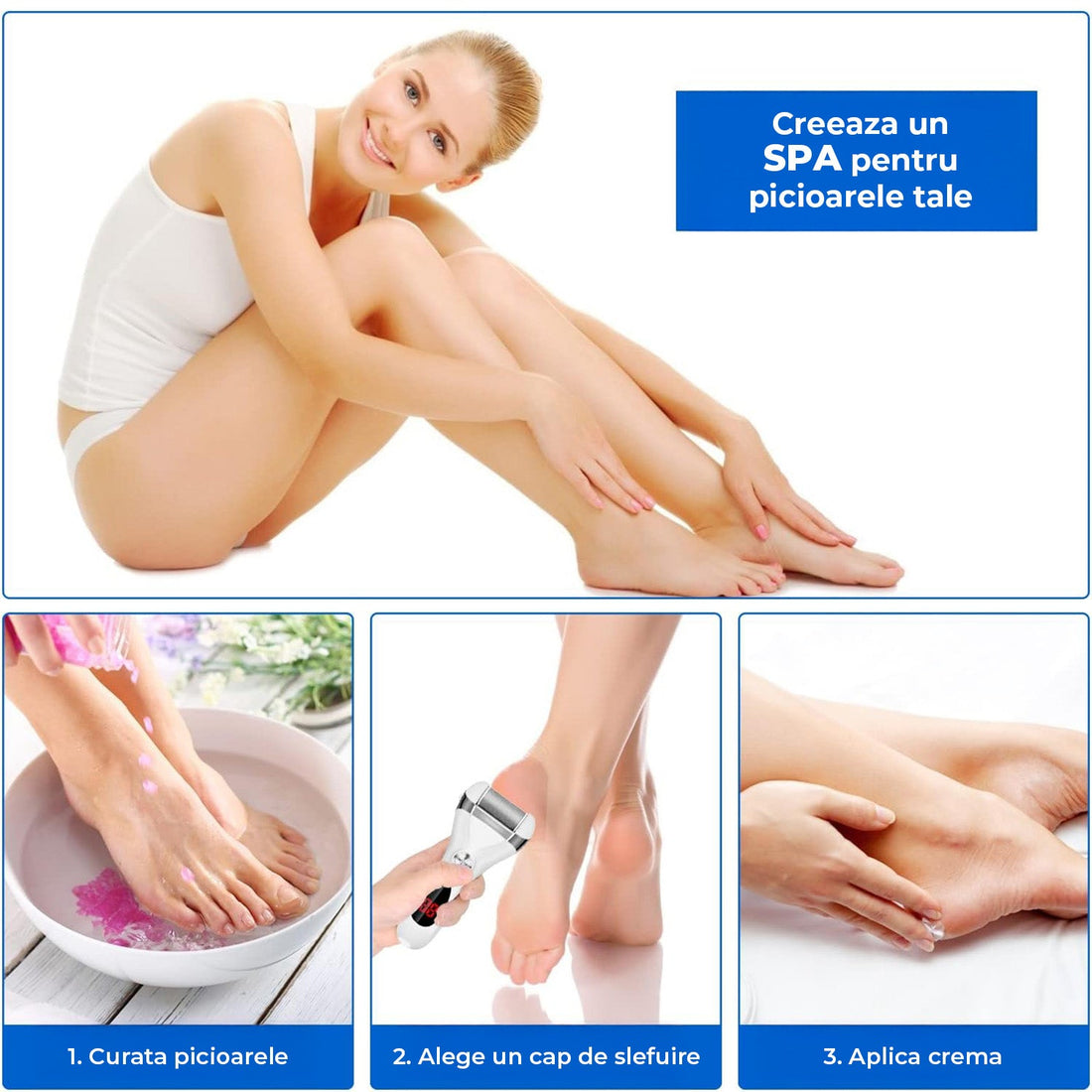 Pila Electrica Elindor® pentru Talpi si Calcaie, cu 3 Role de Slefuire, Display Digital, Rezistenta la Apa, Incarcare USB, 2 Viteze, Alb