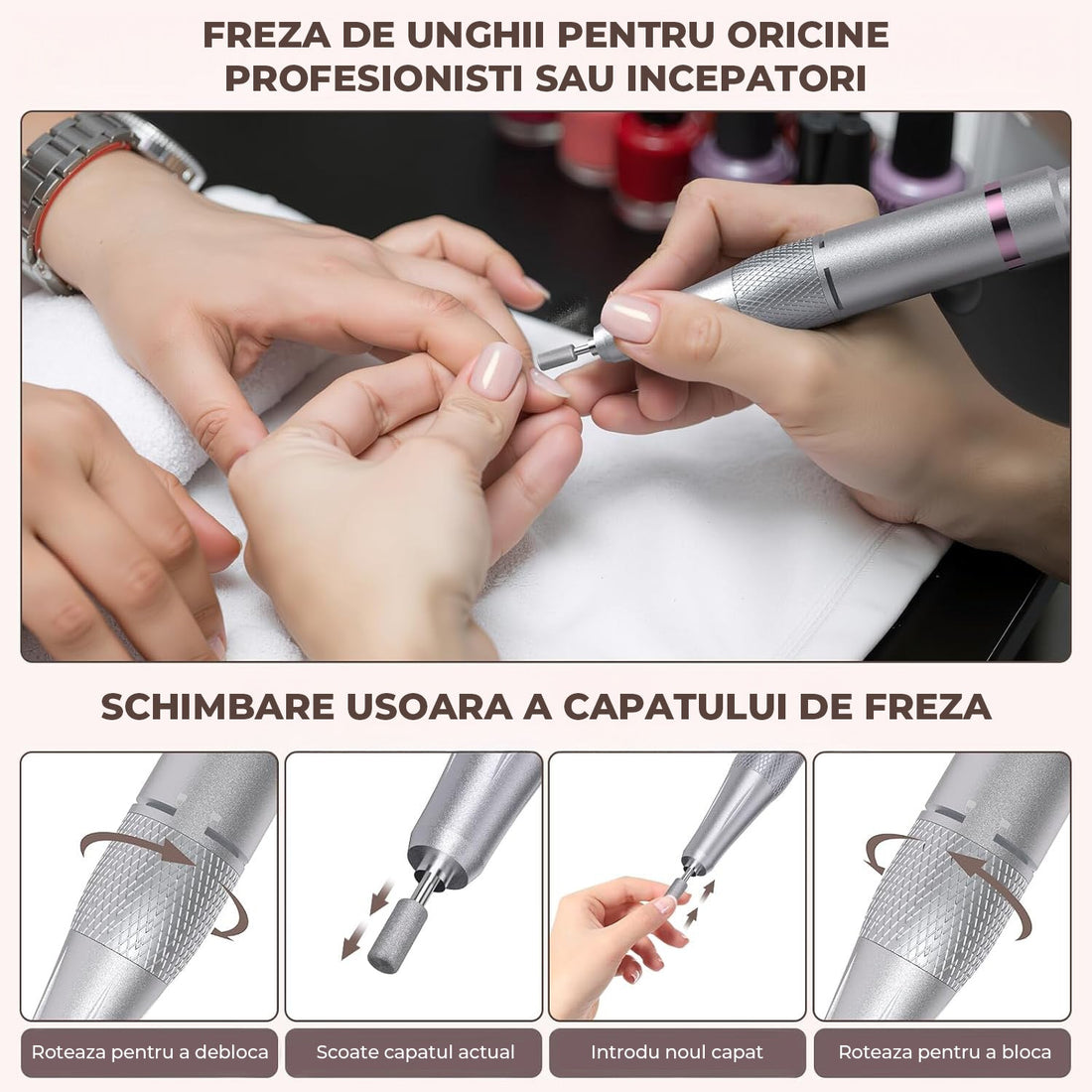 Freza Portabila Unghii Elindor® 45000 RPM, Pila Electrica Profesionala, Manichiura si Pedichiura, Cu Fir, Lampa LED, Ecran LCD, Accesorii Incluse, Capete Diverse, Slefuire Cuticule, Alb