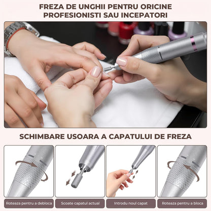 Freza Portabila Unghii Elindor® 45000 RPM, Pila Electrica Profesionala, Manichiura si Pedichiura, Cu Fir, Lampa LED, Ecran LCD, Accesorii Incluse, Capete Diverse, Slefuire Cuticule, Alb