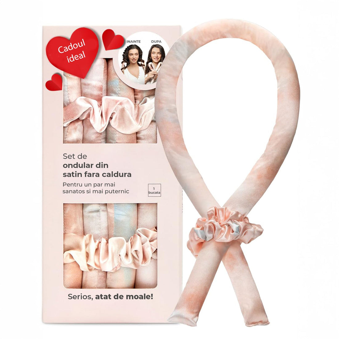 Ondulator din Satin Elindor®, Bucle fara Caldura, Protectie pentru Par, Confortabil, Roz